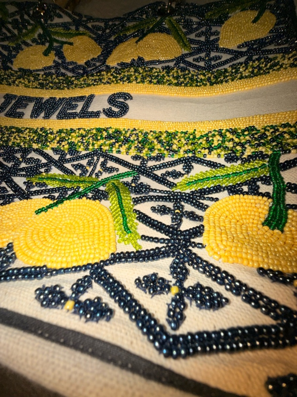 Lemon Pattern Bamboo Handle Tote Bag in Yellow and Black. Hand sewn beads - Picture 3 of 7